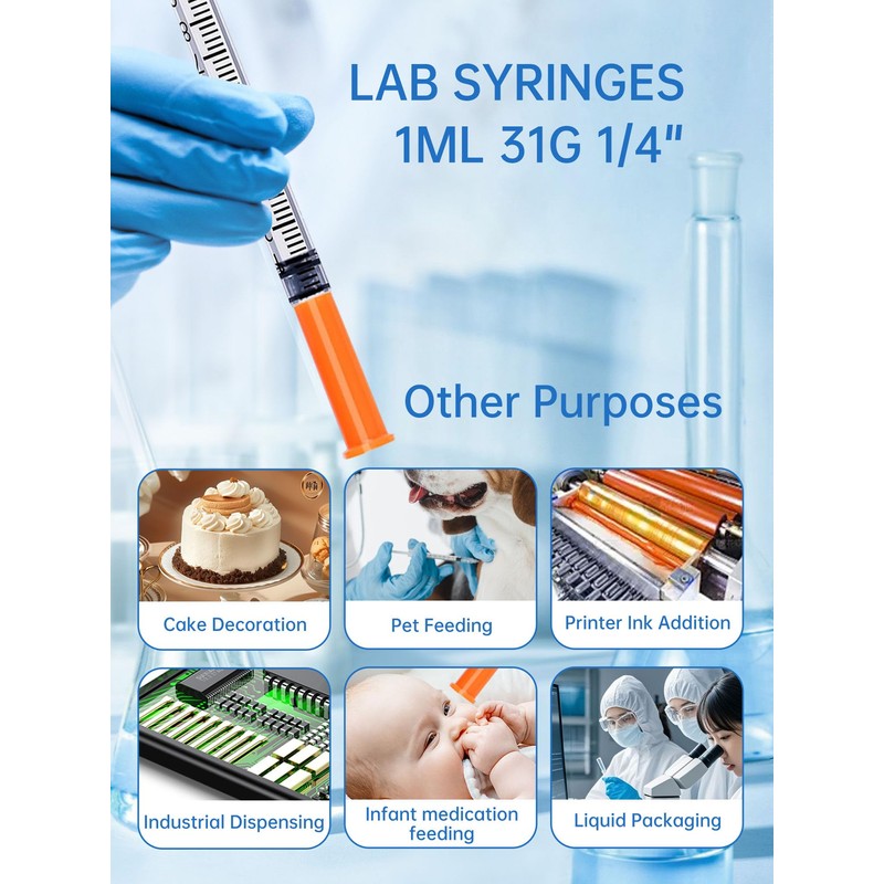 1mL/cc 31G 1/4-Inch 6mm Lab Syringe, Individually Wrapped, Scientific Use,