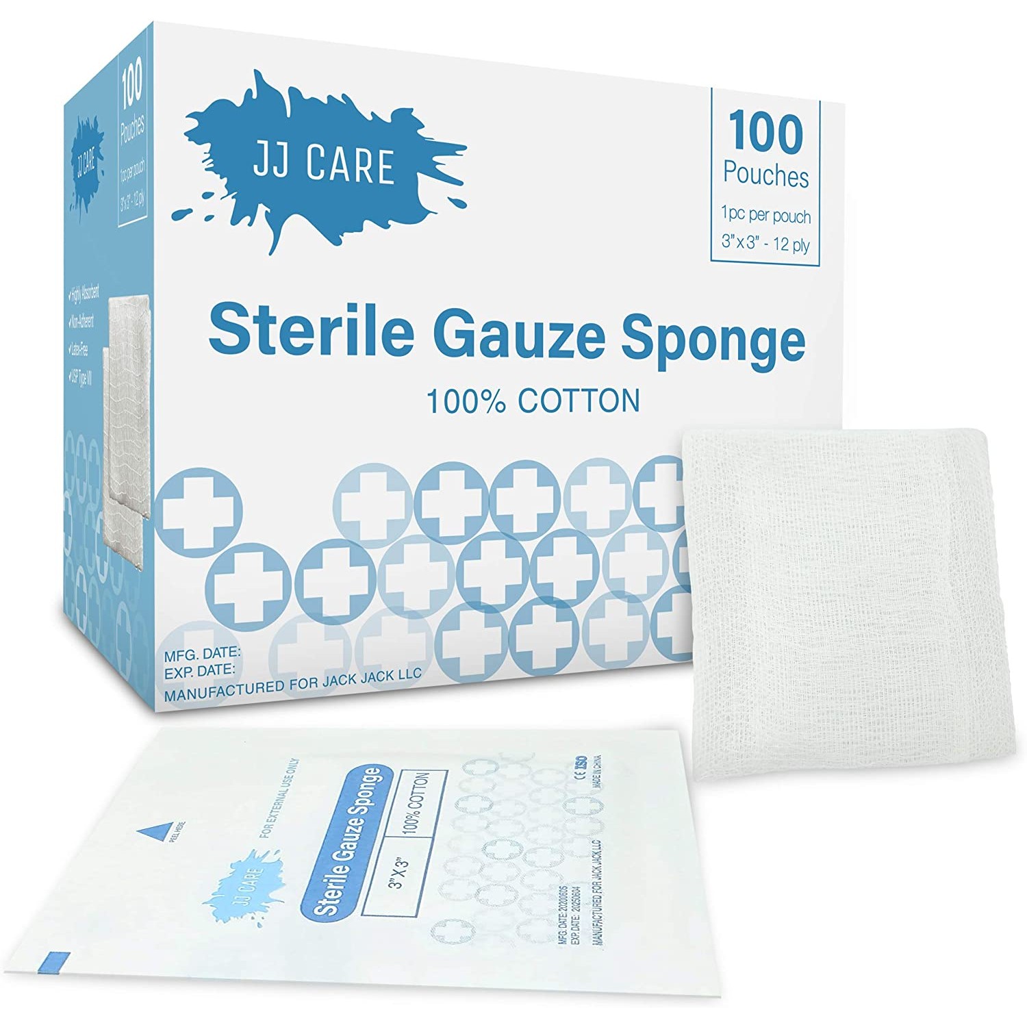 JJ CARE 3x3 Sterile Gauze Pads [Box of 100] 12Ply Cotton Gauze Pads