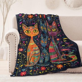 onlcuk Boho Cat Blanket, Cozy Flannel Colorful Patterned Kittens Throw Blanket, Soft Fuzzy Blankets for Travel Home Decor, All Season Lightweight Couch Bed Cover, Gifts for Women Adults Kids 50"×60"