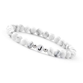 GD GOOD.designs EST. 2015 ® Pearl Bracelet (Howlite White) with Letter - Friendship Bracelet for 2 (Gift for Couples), Silver Plated
