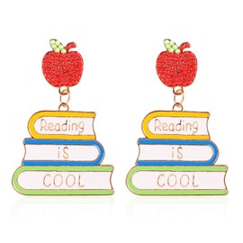 2pcs Teacher Book Earrings, 1.93x1.26 Inch Women Stud Drop Dangle Funny Book Earrings Jewelry Librarian Appreciation Supplies Thank You Gifts for Apple School Birthday Thanksgiving Day