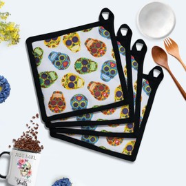 Tiny Break Ethnic Skull Pot Holder Set of 4, Kitchen Cooking & Baking Heat Resistant Microwave Oven Trivets - Best for Heat Protection of Hands & Holding Hot Utensils