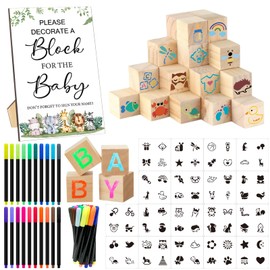 AryiHitt 97 Pcs Baby Shower Game Sign Set Includes Decorative Square Signs 56 DIY Blank Wooden Blocks 20 Paint Markers Baby Shower Wedding Baby Shower Game Prizes.