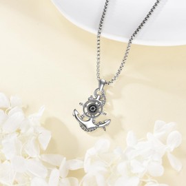 HUKKUN Anchor Compass Spinning Pendant Necklace for Men 925 Sterling Silver Nautical Navy Necklaces Inspirational Anchor Fidget Jewelry Gifts for Travelers Graduates Sailors, Sterling Silver, No