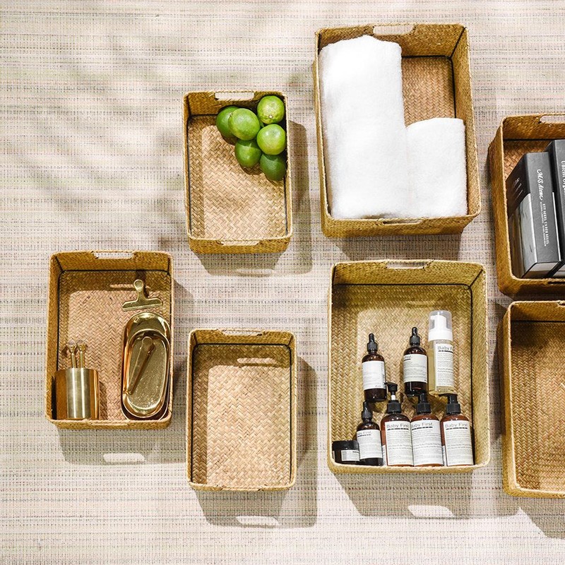 Handmade Seaweed Storage Basket Woven Storage Box with Handle for
