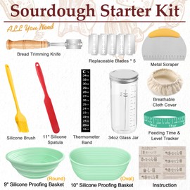 Sourdough Starter Kit Bread Baking Supplies,34oz Sourdough Starter Jar, 9 Inch Round + 10 Inch Oval Silicone Bowl,Thermometer,Feeding Time Tracker,Metal Scraper,Durable Complete Sourdough Starter Kit