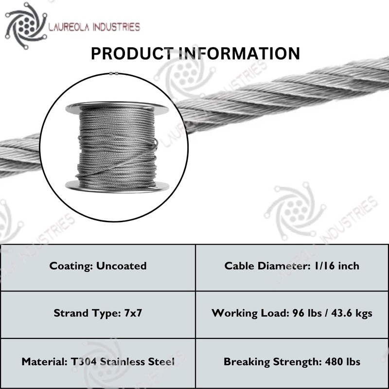 Laureola 1/16" Type-7x7 Grade-304 Stainless Steel Aircraft Wire Rope -
