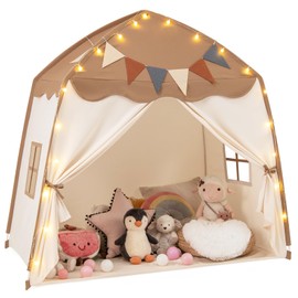 HONEY JOY Kids Tent, Large Kids Play Tent w/String Lights, Flags, Windows, Indoor Outdoor Playhouse Toddler Tent, 62” x 38.5” x 58”, Tent for Kids Aged 3-12, Washable, Christmas Birthday Gift (Coffee)