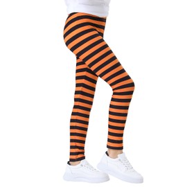 HDE Girl's Leggings Holiday Stretchy Full Ankle Length Striped Tights Orange and Black Stripes - 10-12