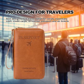DAITET Passport Holder for Women Men RFID Blocking Travel Wallet Passport Holder Card Slots Document Organizer Wrist Strap, Stylish brown yellow, Retro