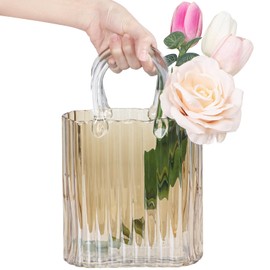 Modern Purse Vase for Flowers,Clear Amber Glass Bag Vases with Vertical Stripes for Home Decors .Elegant Purse Flower Vase for Centerpiece,Floral Arrangement.