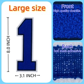 1 Pcs 8.0" Royal Blue Chenille Number Patches, Iron On or Sew On Appliques for Clothing, Jackets, Backpacks Varsity Style Large Number Patches with White Border (Royal Blue 1)