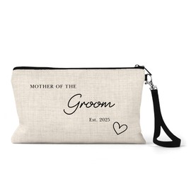 Bride Makeup Bag, Bridal Party Cosmetic Pouch, Hen Party Gifts, Wedding Day Emergency Touch Up Kit, 15 x 24 cm, Linen with Strap, Cream (2025 Mother of The Groom)