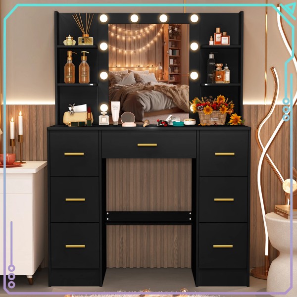 Yamissi Modern Vanity Table with LED Lighted Makeup Mirror and