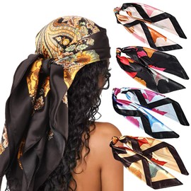 DRESHOW 4 Pack Large Square Satin Headscarves Hair Scarves Silk Accessories Beach Bandanas for Women