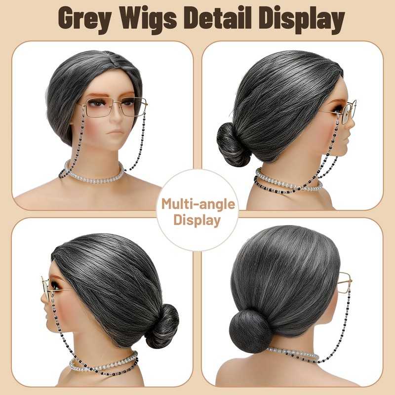 Tiwindx Old Lady Costume Outfit for Women Grandma Granny Wig