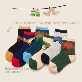 Children's Wool Socks Boys Warm Winter Socks Thick Crew Thermal Socks Cartoon Construction Vehicle Socks 6 Pairs, Dinosaur 2766B