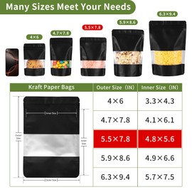 100Pcs 5.5x8 Inch Smell Proof Bags Stand Up Pouches Resealable Bags with Window and Zipper Food Storage Coffee Snacks Baked Food Packaging for Small Business (Black)