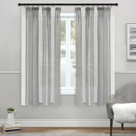 MRTREES Curtains Living Room Modern Curtains with Ruffle Tape 145 cm Long Curtain Striped Tulle Curtain Semi-Transparent Curtain 140 High Dark Grey Grey and White Curtain Pack of 2