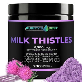 Purity’s Best Milk Thistle Extract, 200 Vegan Caps, 8,500 Strength, Standardized and Concentrated 50x Extract, Silymarin Flavonoids, Supports Liver Function, Non-GMO, Made in USA