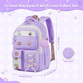 Girls Backpack with Coin Purse, Cute Purple/White Bookbag for Kids Teen, Kawaii Aesthetic Elementary School Backpack