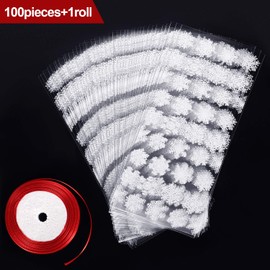 100 Pieces Cellophane Treat Bags With Ribbon for Holiday Party Supplies (White Bag with Red Ribbon)