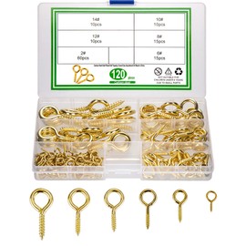 120 Pcs Eye Hooks, Metal Ceiling Hooks Screw-in Eye Hooks, Heavy Duty Nickel Plated Self Tapping Cup Hook Eyelet Bolts for Indoor Outdoor, Wood, Securing Cables Wires, 6 Size (Gold)