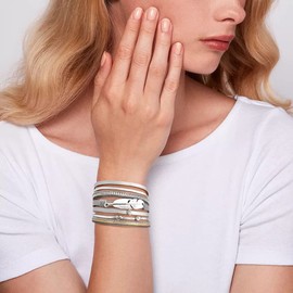 Suyi Multilayer Leather Bracelet Set 2 Pieces Beads Wrap Bracelet Wrist Cuff Bangles with Magnetic Buckle for Women Leaf Silver Set6