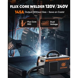 H HZXVOGEN 145A MIG Welder, 110V/220V Flux Core Welder with Synergy, IGBT Inverter Portable Gasless Welder Equipment Dual Voltage MIG Welding Machine
