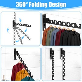 MBAIYO 3 Pack Black Wall Mount Coat Hanger Holder, Retractable Folding Clothes Hanging Rack Aluminum Coat Hanger Wall Mount Clothes Drying Rack Space Saver for Laundry Room Bedroom Indoor
