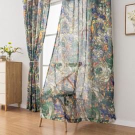 SUOUO Green Vintage Painting Floral Semi-Sheer Curtains Linen Textured for Living Room96 inches Long Rod Pocket Light Filtering Window Drapes for Bedroom Dining 2 Panels