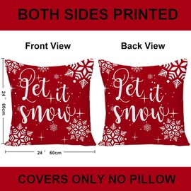 Wilproo Red and White Christmas Pillow Covers 24x24 Set of 2 Double Sides Print Let It Snow Xmas Red Snowflake Square Decorative Winter Throw Pillowcases Decor for Home Couch?Sofa Soft Velvet