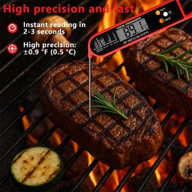 Instant Read Digital Meat Thermometer with Backlight LCD Screen, Foldable Long Probe for Cooking, BBQ, Grilling, Candy, Milk & Water (Red)