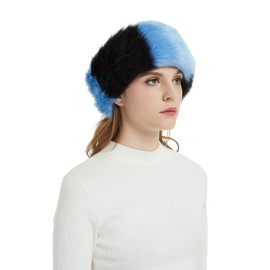 Furry Headband Women, Faux Fur Warm Hairband Elastic Ear Warmer Attractive Wide Headband Winter Outdoor Skiing (Black&Blue)