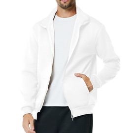 Men's Fleece Full Zip Up Sweatshirt Casual Lightweight Long Sleeve Mock Neck Jackets with Pocket(L,White)