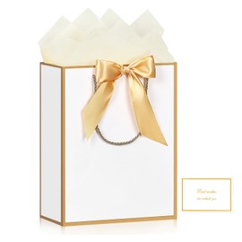 JMANNI Gift Bag, 1PCS Gift Bags Large with Ribbon and 1 Greeting Cards 2 Tissue Paper, Portable Paper Gift Bag with Handles, Birthday Gift Bags,Present Bags for Wedding Party Mothers Day(goid)