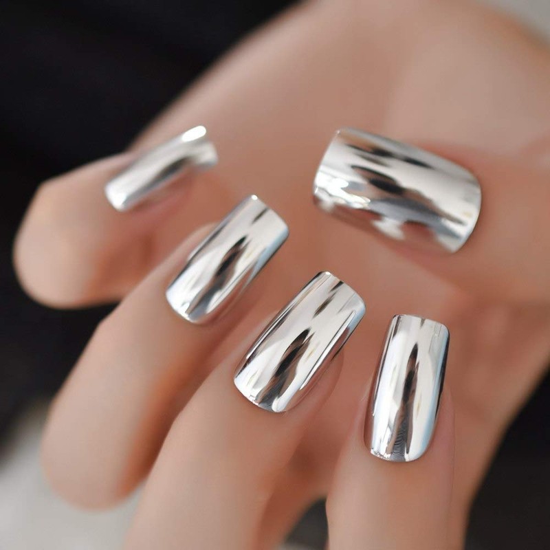 CoolNail Shiny Silver Metallic Long False Nail Tips Punk Metal