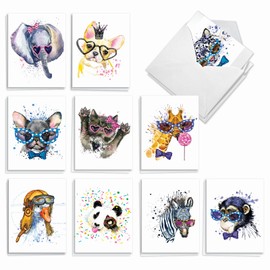 The Best Card Company - 20 Bulk Animal Note Cards Blank (4 x 5.12 Inch) - Fun Assorted Notecards with Envelopes (10 Designs, 2 Each) - Funky Colorful Creatures AM6749OCB-B2x10
