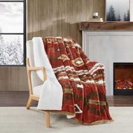 BYTIDE Boho Aztec Faux Fur Throw Blanket with Sherpa Lining, Traditional Southwestern Navajo Tribal Style Plush Fluffy Soft Cozy Throw for Couch, Sofa, Bed, Camping, Outdoor, 60" x 80", Red