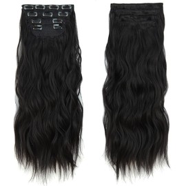 XFSRG 4 Teilige Clip In Haarverlängerung 60 cm Länge mit Gewellten Synthetischen Haaren für mit Praktischen Clips für Sofortiges Volumen und Natürlichen Look (Schwarz)