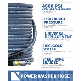 KARHDIR Pressure Washer Hose 75FT 3/8" for Cold and Hot Water 212°F, with Swivel Quick Connect, 4500PSI Kink Resistant Grade Steel Wire Braided, Power Washer Hose With 2pcs M22-14mm Adapter