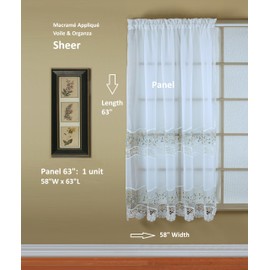 Today's Curtain, Vintage Macramé Organza Panel 63", White/Blue, 58" W x 63" L