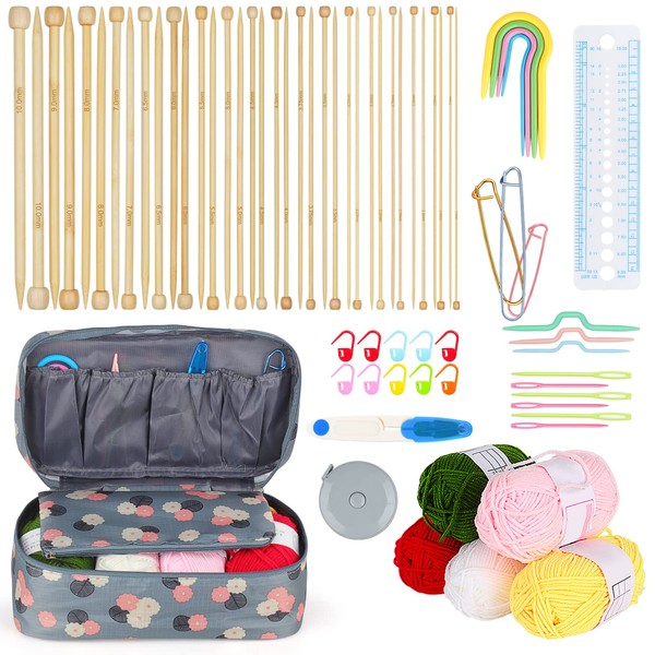 Aeelike Knitting Needles Set, Knitting Kits for Beginners Adults, Knitting Set with Wool, 18 Pairs of 2-10mm Bamboo Knitting Needles 25cm and Accessories, Professional Knitting Starter Kit for Adults
