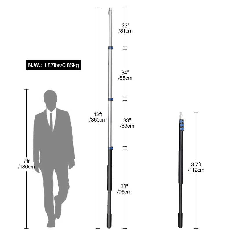 Lineslife Multi-Purpose 12ft Extension Pole, Lightweight Durable Aluminum Alloy Telescopic