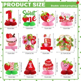 Kosiz 12 Pcs Berry 1st Birthday Decoration Strawberry Honeycomb Centerpieces Sweet One Table Topper Red Green Strawberry Table Decoration for Summer Birthday Fruits Theme Party Favors
