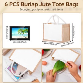 6 Pcs Burlap Tote Bag Mini Jute Reusable Bag with Handles Small Blank Canvas Gift Waterproof for Wedding Beach DIY
