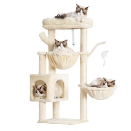 Heybly Cat Tree, 39.4 Inches Tower Condo with Scratching Post, Cat Tower for Indoor Cats, Fully Wrapped Sisal Pole, Soft Platform, 2 Baskets and Dangling Toy, Beige HCT006SM