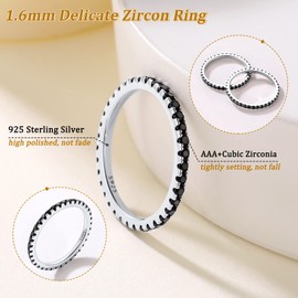 Suplight Women's Eternity Rings 2MM 925 Sterling Black Cubic Zirconia Band Rings for Teen Girls Size 6