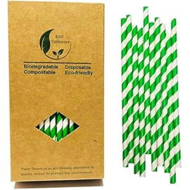 Spring Green Stripes Paper Straws, Forest Green White Striped Christmas Sturdy Drinking Straw, Regular 197mm Paper Straws