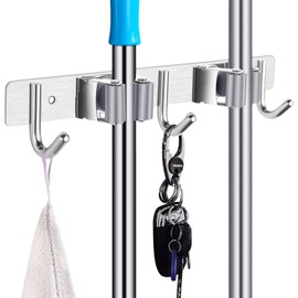 POPRUN Broom Mop Holder Wall Mounted Garden Tool Hanger Garage Broomstick Organizer Dustpan Gripper 2 Racks 3 Hooks Stainless Steel Home Cleaning Storage Brush Clip Kitchen Organization,Grey